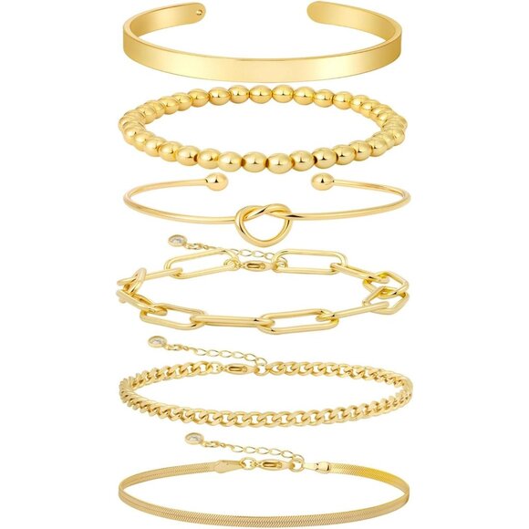 Trendy 14K Gold 6-Piece Stackable Bracelet Set Waterproof & Hypoallergenic - Picture 2 of 8